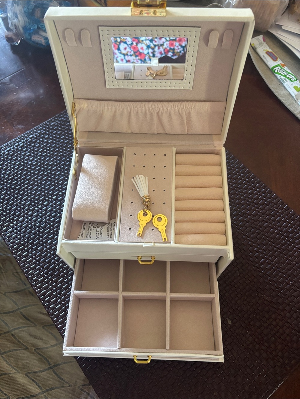 Beige Jewelry Organizer Box with Ring Rolls and Drawers